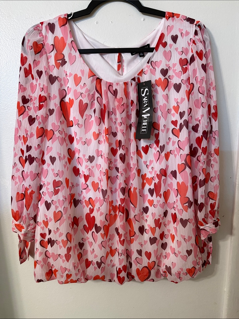Sara Michelle Pink & Red Heart-Print Pleated Blouse